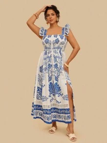 Travachic Vestido largo con estampado floral, aberturas laterales y mangas de tapeta para mujer de talla grande, estilo de vacaciones - Azul y blanco - Ver 4
