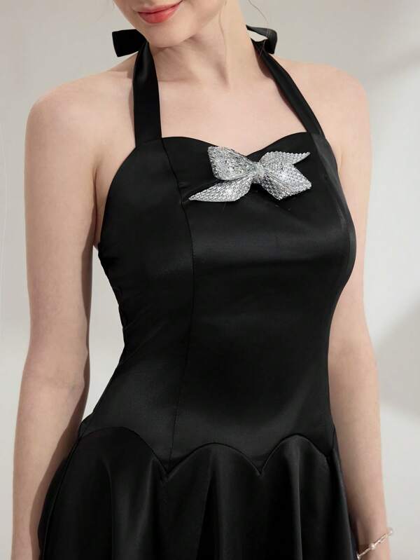 Poshira Vestido elegante con decoración de lazo y espalda descubierta para mujeres