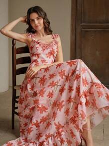 Anewsta 春夏款花朵露肩V领无袖喇叭下摆长裙 - 珊瑚橙 - 查看 1