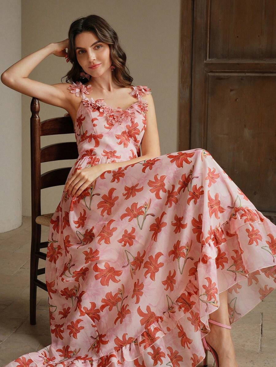 Anewsta Váy dài hở vai cổ chữ V không tay họa tiết hoa có viền xòe, Xuân/Hè - Màu Cam san hô - Xem 1