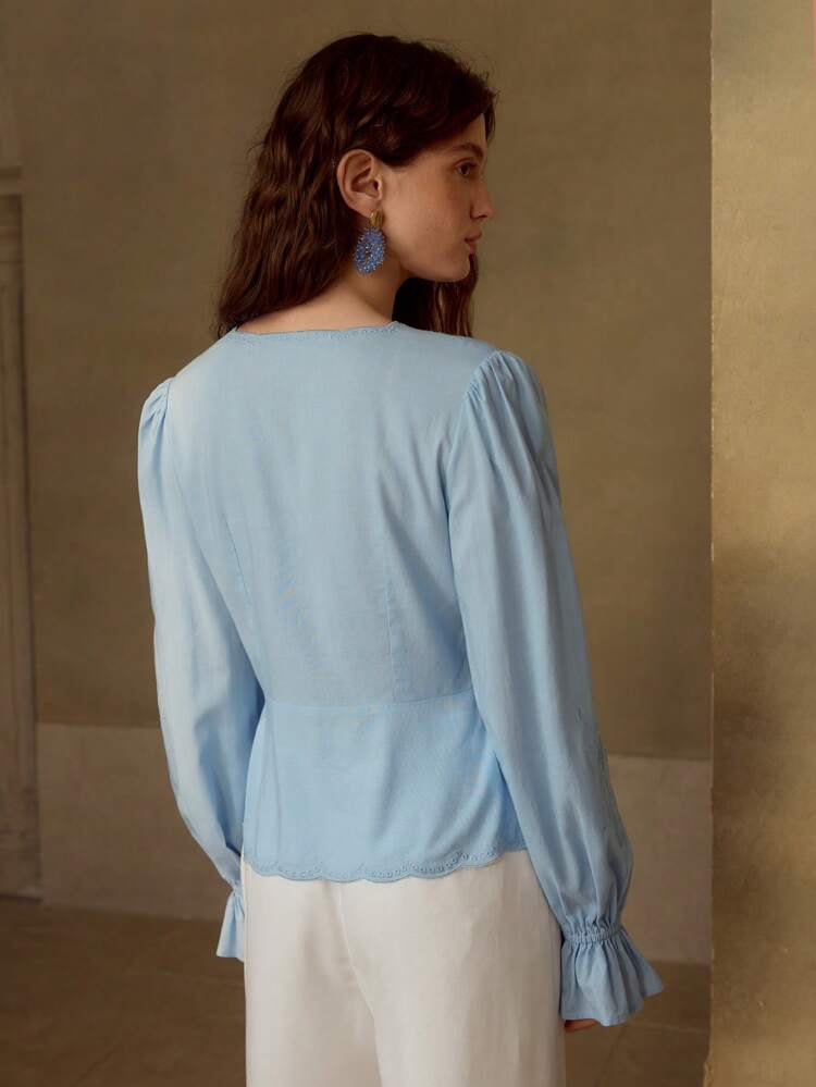 WOMEN'S LINEN EMBROIDERY LONG SLEEVE BUTTON UP BLOUSE
