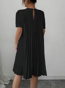 Elenzga 女士优雅浪漫时尚百搭宽松纯色褶皱泡泡袖中长连衣裙，春夏 - 黑色 - 查看 2
