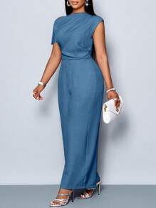 SOLERSUN Plus Size Women's Four Seasons Women's Clothing Commuting Elegant Day Travel Casual Simple Solid Color Off The Shoulder Asymmetrical Neckline Shoulder Pleats Short Sleeve Wide Leg Jumpsuit