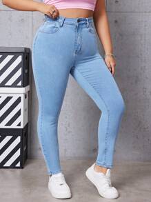 SHEIN EZwear Jeans casual à coupe slim, design poche, couleur unie, tailles plus