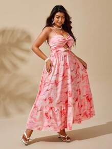 Sunserae Tie Dye Pattern Twist Ruched Waist Maxi A-Line Flare Hem Elegant Romantic Vacation Summer Plus Size Dress Tropical Colorblock Floral Print Boho Fashionable Style