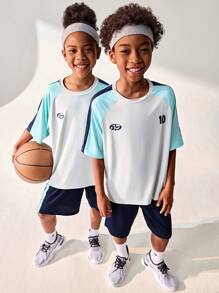 Back To School Outdoor Sports Loose Fit Short Sleeve Shorts Jersey Set, Tween Boy Clothes Children's Round Neck Patchwork Contrast Color Front Funny Letter Print Outdoor Sports Loose Fit Short Sleeve T-Shirt Jersey Set