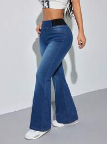 SHEIN PETITE 女士蓝色牛仔裤紧身喇叭裤舒适高弹力牛仔夏季办公室装 Siren Style - 深色水洗藍 - 查看 6