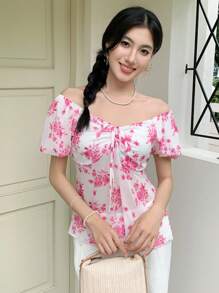 SHEIN LUNE Off-Shoulder Sheer Mesh Puff Sleeve Allover Print Summer Blouse - Hot Pink - View 1