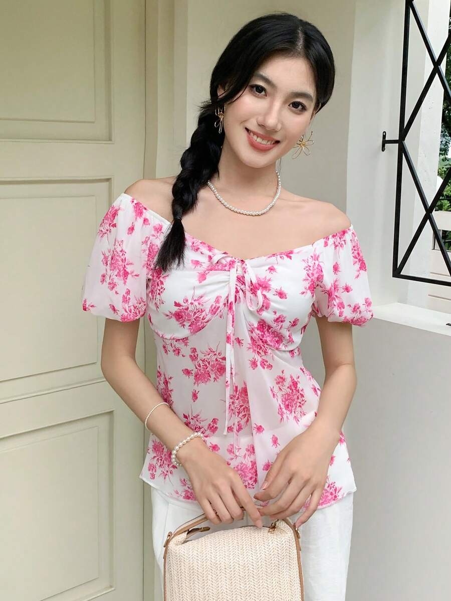 SHEIN LUNE Off-Shoulder Sheer Mesh Puff Sleeve Allover Print Summer Blouse - Hot Pink - View 1