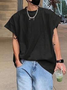 Manfinity Hypemode Men's Solid Color Crew Neck Casual Holiday Short Sleeve Tank Top - Black - View 6