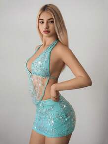 Sweetina Conjunto de top de tirantes con lentejuelas y minifalda de talle bajo para mujer, ropa de otoño - Azul - Ver 1