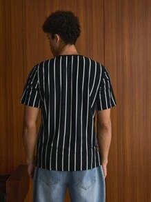 SWAVVY Men Letter Graphic Striped Casual Color Block Short Sleeve Tee, Boyfriend Gift, Summer, School