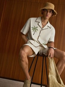 SWAVVY 2pcs/Set Men's Fashionable Casual Daily Woven Loose Fit Short Sleeve Shirt And Drawstring Waist Straight Leg Shorts Set