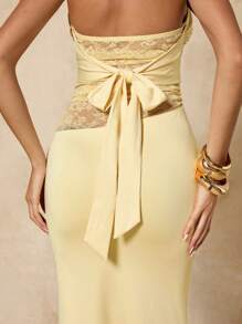 SHEIN BAE Váy bó sát hở lưng ren xoắn phía trước màu vàng nhạt mùa hè cho nữ, thích hợp cho kỳ nghỉ, hẹn hò, tiệc, tiệc tùng, sự kiện, tụ họp chị em - Màu vàng - Xem 6