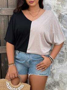 Flirla Camiseta informal de manga de murciélago con bloques de color, talla grande, verano - Blanco y Negro - Ver 4