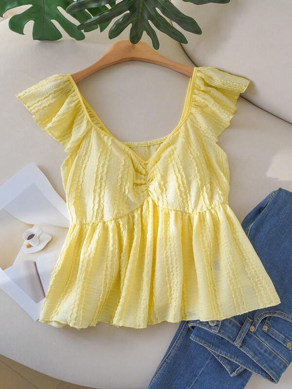 CosyJoli Große Größen Lässig minimalistisches Shirt mit Ausschnitt und Lochmuster, Kurzarm, Damen, Gelb