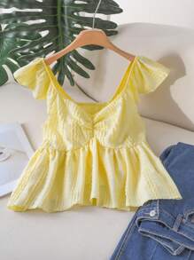 CosyJoli Plus Size Casual Minimalist Keyhole Neck Cap Sleeve Yellow Women T-Shirt Top