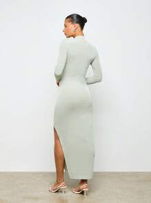 AiiRZ Ribbed Mock Neck Long Sleeve Maxi Dress With Side Slit Fitted Bodycon Winter Fall Evening Event Party Formal Knit - Green - View 2