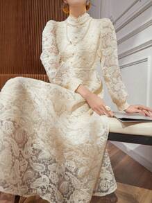 DAZY 女士优雅蕾丝泡泡袖立领中长连衣裙，春秋季长袖连衣裙 - 米色 - 查看 4