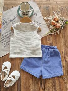 Baby Girl Summer Casual Korean Style Cute Round Neck Sleeveless Jacquard Floral Knit Top And Washed Denim Shorts - Multicolor - View 2