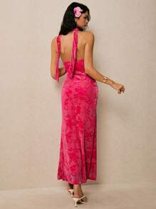 Poéselle Flocked Jacquard Material Halter Elegant Dress,Women Birthday Outfit - Hot Pink - View 2