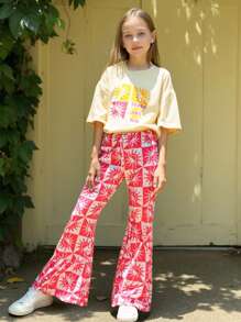 Conjunto de 2 piezas para niñas preadolescentes, ropa informal elegante para vacaciones, con camiseta holgada estampada con letra y sol, y pantalones acampanados con estampado, apropiado para usar en vacaciones y actividades al aire libre en primavera/verano