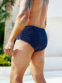 Manfinity Swimmode Quần lót dệt kim rỗng màu trơn cho nam đi biển và ngày lễ - Xanh đậm - Xem 2