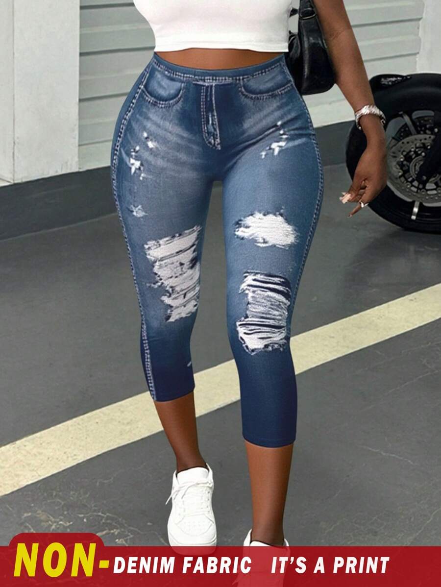 SHEIN 大码女式高腰牛仔效果印花七分紧身裤