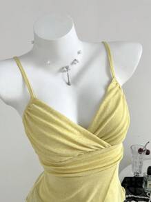 Elamini Áo ba lỗ bó sát cổ chữ V viền bất đối xứng dành cho nữ, phong cách ngày lễ mùa hè - Màu vàng - Xem 1