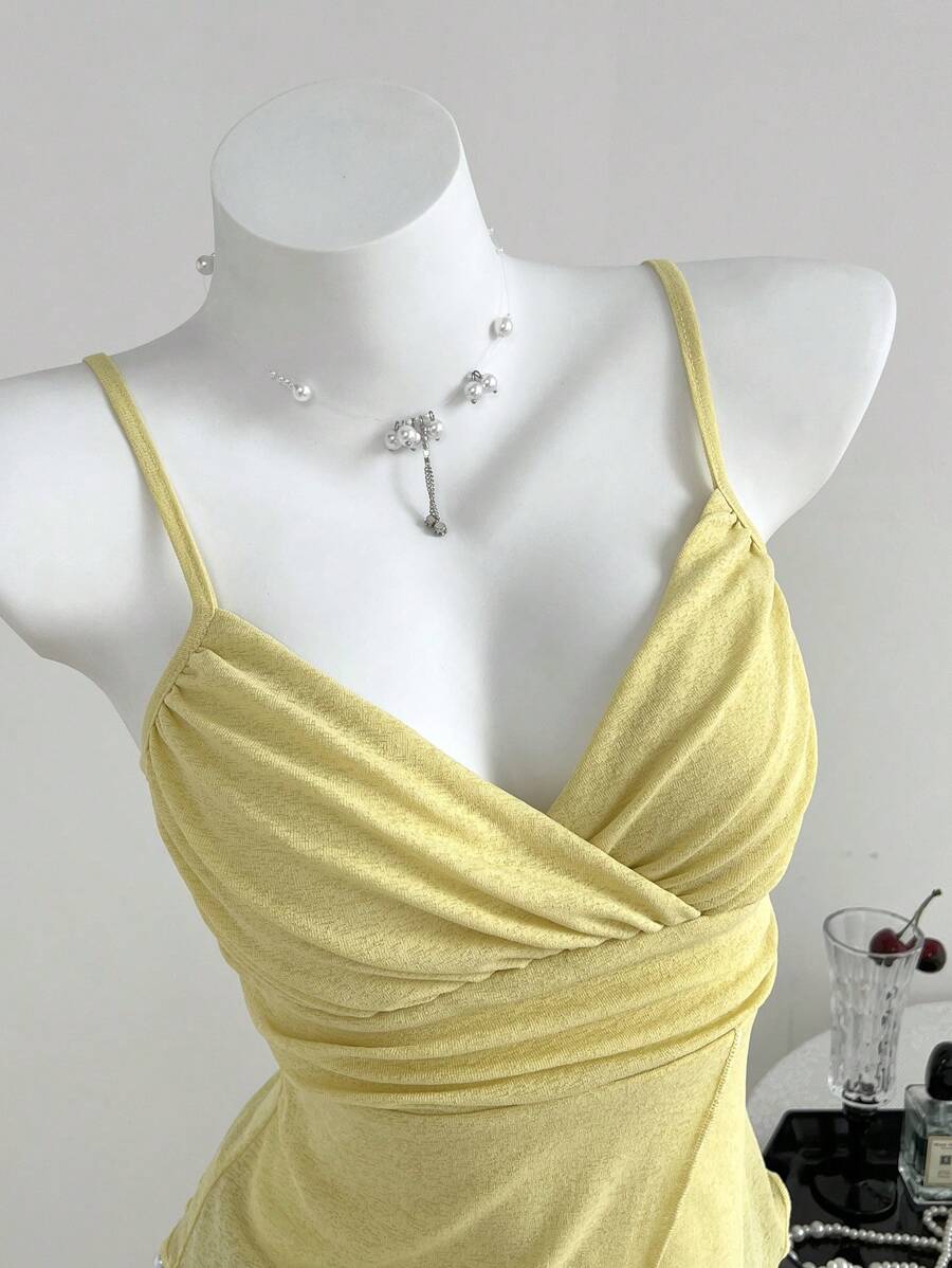 Elamini Áo ba lỗ bó sát cổ chữ V viền bất đối xứng dành cho nữ, phong cách ngày lễ mùa hè - Màu vàng - Xem 1