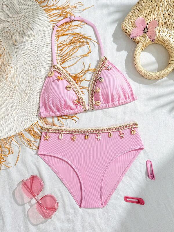 Set bikini cu imprimeu scoică pentru fete, potrivit pentru vacanțe la plajă