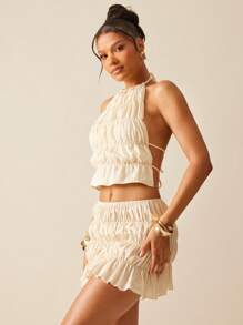 Hauture 女士纯色褶皱吊带上衣和荷叶边迷你裙时尚套装