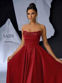 Glamrae Đầm Maxi trang trọng sang trọng, cao cấp, sang trọng, gợi cảm, đính sequins satin, váy dạ hội, váy dạ hội, cho khách dự tiệc cưới, tốt nghiệp, váy dự tiệc tối - Đỏ - Xem 8