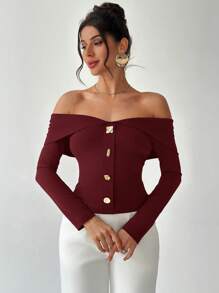 Firerie Áo nữ thanh lịch trễ vai, bất đối xứng, cài khuy kim loại - Màu Đỏ Sâu - Xem 3