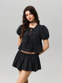 SHEIN MOD 条纹泡泡袖衬衫 & A 字裙套装 - 黑與白 - 查看 7