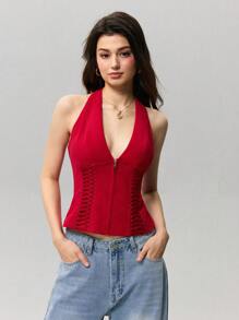 SHEIN MOD 女式深V领露背无袖拉链短款上衣，腰部收紧，夏季 - 紅色 - 查看 6