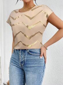 SHEIN Privé 女士休闲优雅宽松烫花肩衬衫女式纯色缎面蝙蝠袖褶领衬衫 - 杏色 - 查看 6