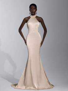 Elitara Elegant Light Peach Satin Halter Backless Maxi Dress,Pearl Chain Chic Fitted Mermaid Tail Gown For Wedding Guest,Formal Evening Gala & Parties - Apricot - View 5