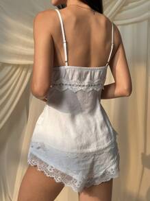 SHEIN EZwear 2件套女士纯色蕾丝拼接吊带背心和短裤套装 - 白色 - 查看 2