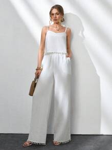 CLARA VERO Conjunto de 2 piezas de mujer con Top sin mangas de tela de bambú tejida de unicolor con detalles de pompones y pantalones rectos de pierna ancha con bolsillos laterales y pliegues delanteros. Outfit de primavera y verano para vacaciones y salidas