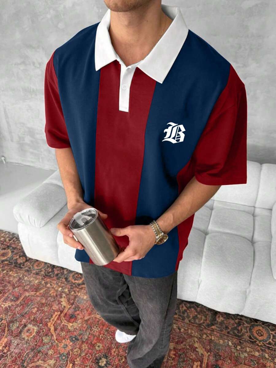 Manfinity Homme 男士字母条纹短袖休闲/通勤Polo衫 - 彩色 - 查看 1