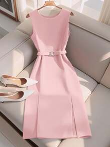 Women's Round Neck Elegant High-End Fashion Commuter Solid Color Slit Dress (With Belt) - Pink - View 1