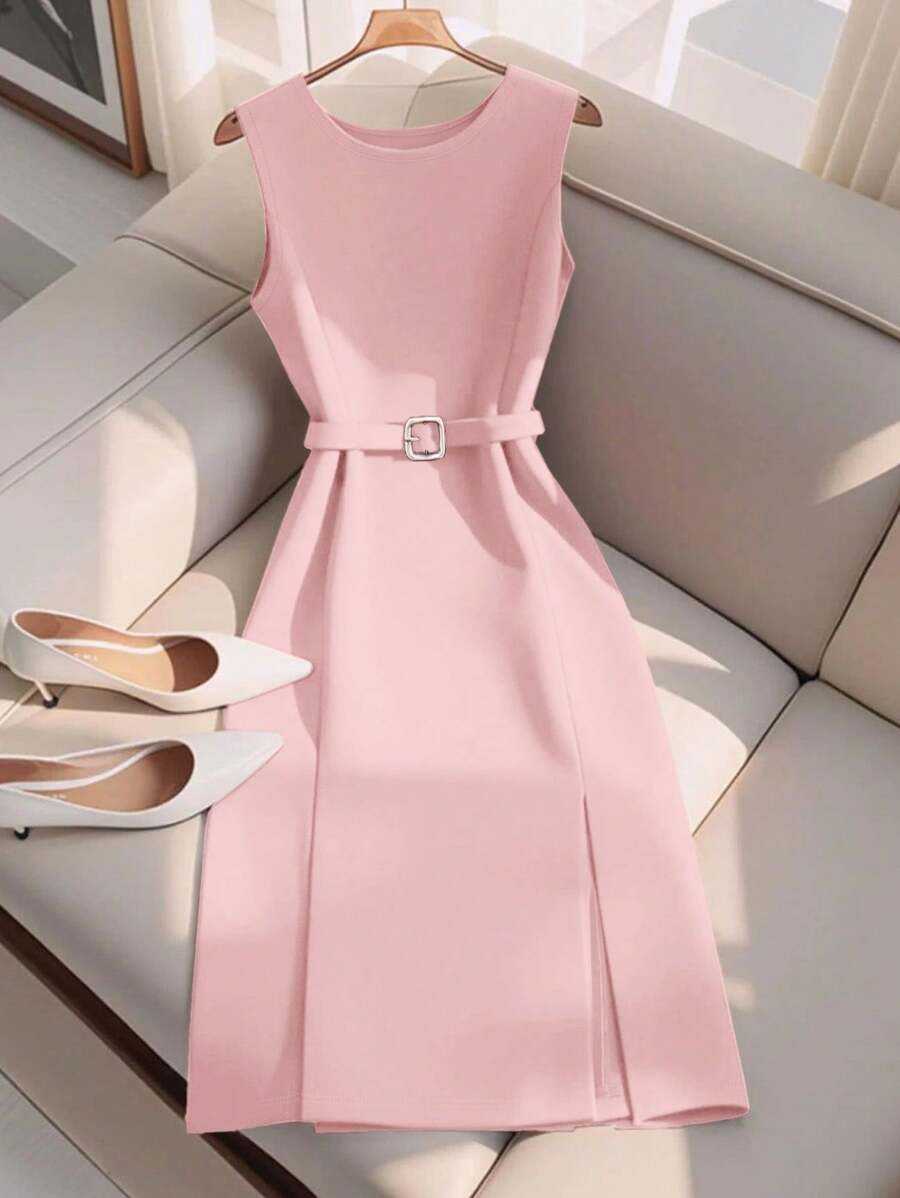 Women's Round Neck Elegant High-End Fashion Commuter Solid Color Slit Dress (With Belt) - Pink - View 1