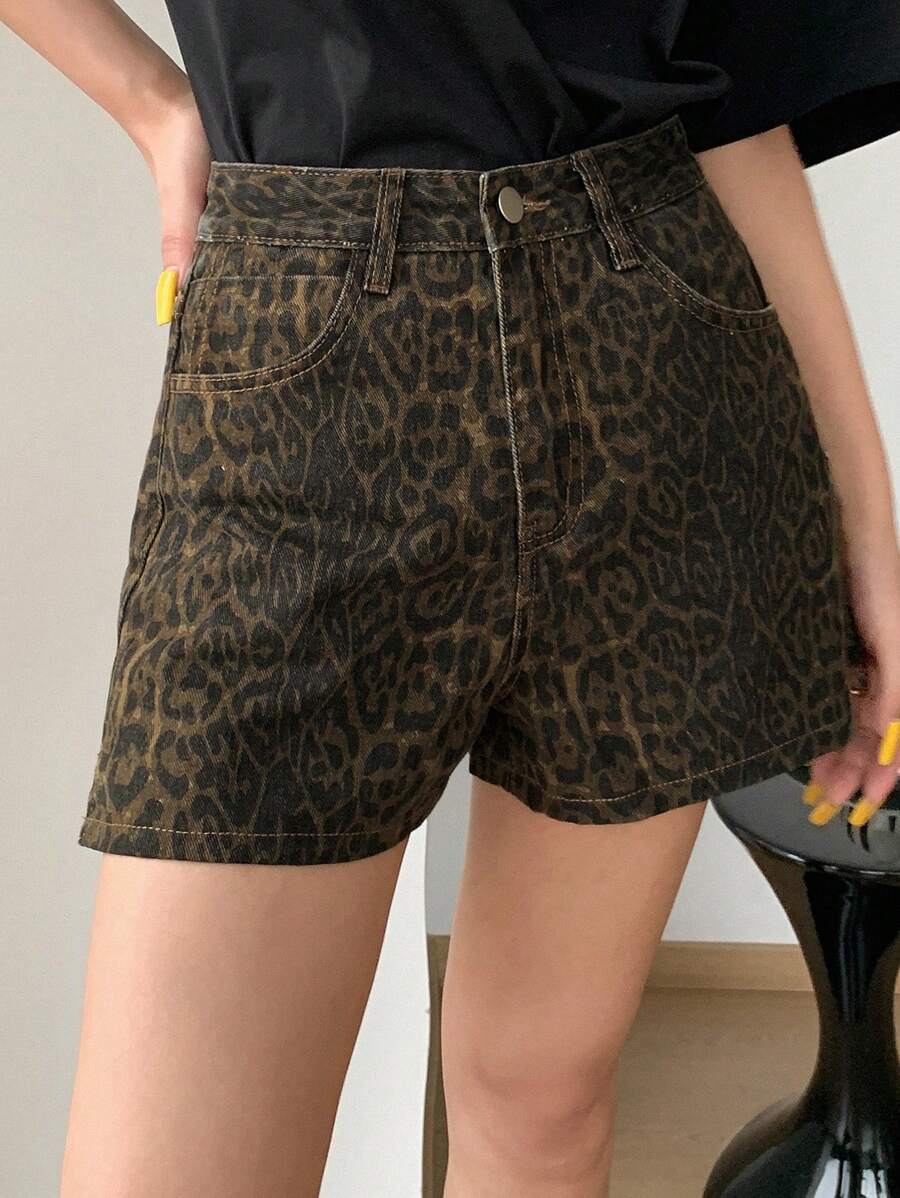 DAZY 女士性感休闲街头豹纹超短牛仔短裤,开衩设计,夏季牛仔短裤 - 棕色 - 查看 1