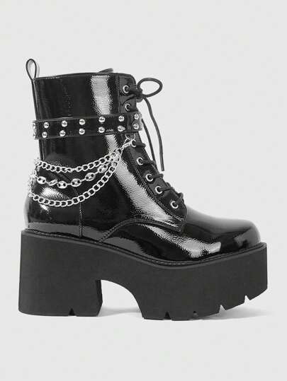 Grunge Punk Botas cortas con suela gruesa y remaches, estilo punk para mujer. Botas de tobillo de cuña con cadena metálica gótica negra, botas de combate cómodas.