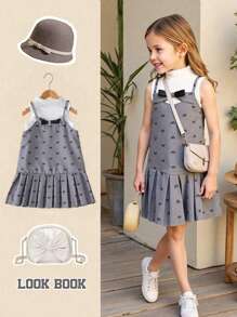SHEIN 2pcs/Set Girls Summer Fashion Elegant Outfit, Turtleneck Sleeveless Tank Top + Bowknot Strap Dress, Lightweight