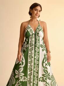 CAJUNI Women Vacation Tropical Boho Flower And Coconut Tree Print Spaghetti Strap Lace Up Casual Beach Summer Maxi Dress