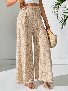 SHEIN PETITE 女式复古满版印花百褶宽松休闲裤