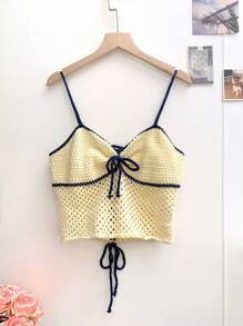 SHEIN EZwear Women's Casual Contrast Trim Sleeveless Hollow Out Knit Tank Top, Summer - Mustard Yellow - View 5