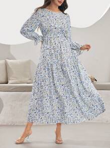 Mulvari Long Sleeve Arabic Style Fashion Summer Dress, Modest - Blue - View 3